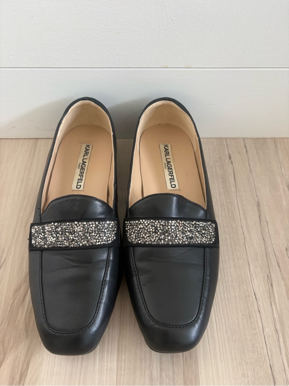 Karl Lagerfeld Black Crystal-Strap Leather Loafers